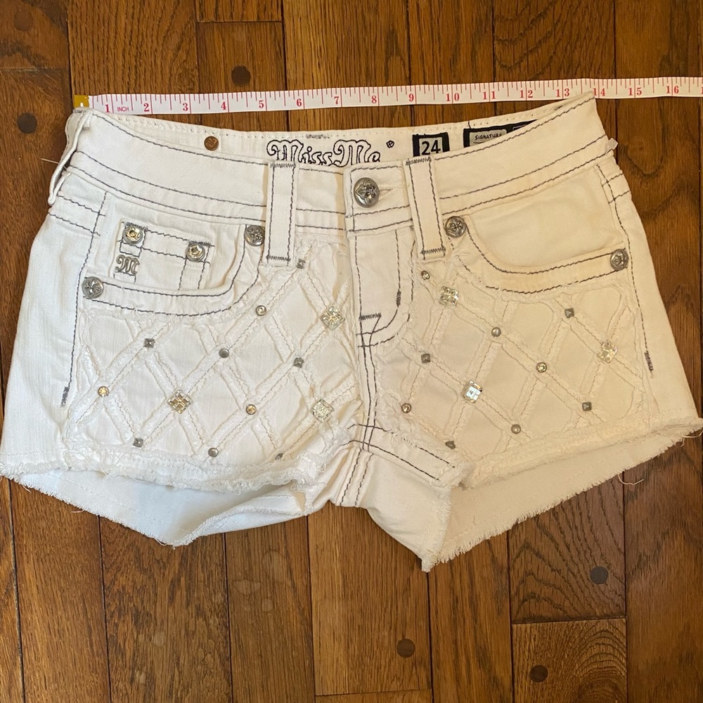 Miss Me signature denim white jeweled shorts